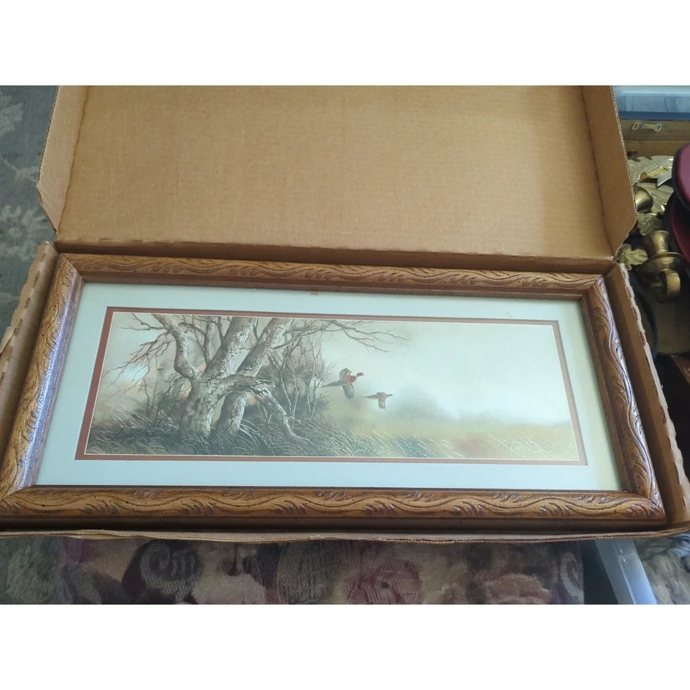Vintage Homco Home Interiors Framed W/Matte Pheasants In Flight 8.5 x 18.5